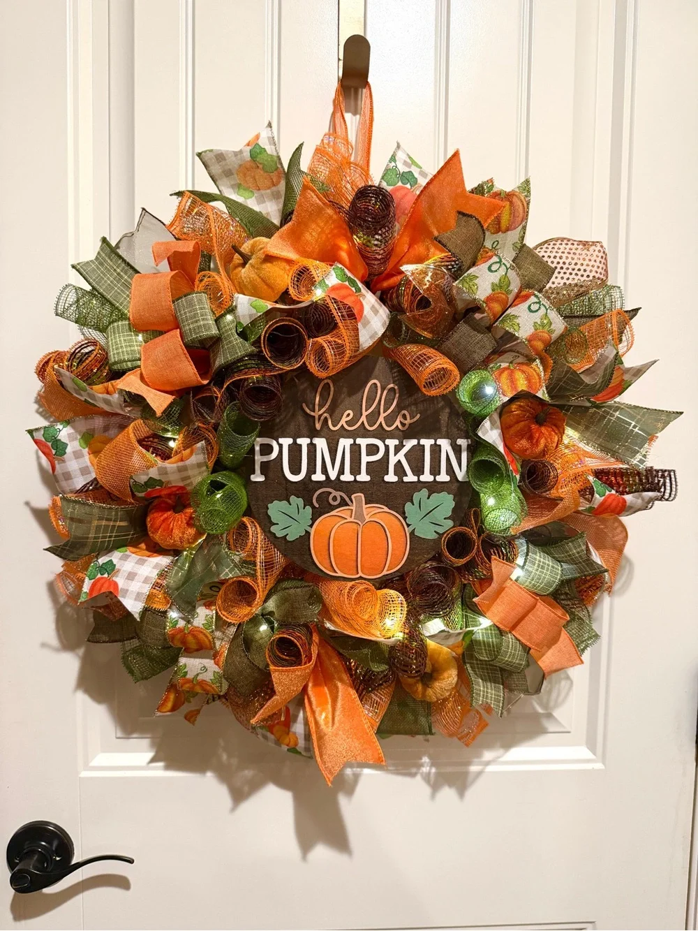 Handmade Hello Pumpkin Ribbon Welcome Door Wreath Fall Leaf 22 in LED W24